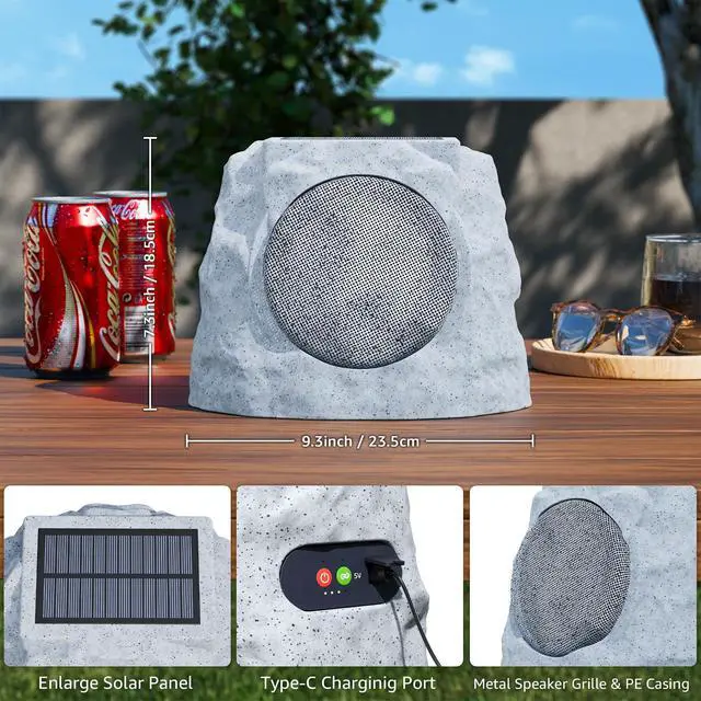 Alt view image 5 of 7 - 2-Pack Rock Speakers Outdoor Water-Resistant IP44, Multi-Sync Up to 100 Speakers, Solar-Powered Rock Speaker with Light for Patio Garden Party Pool Deck Yard Outside