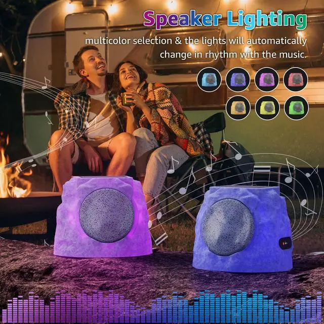 Alt view image 6 of 7 - 2-Pack Rock Speakers Outdoor Water-Resistant IP44, Multi-Sync Up to 100 Speakers, Solar-Powered Rock Speaker with Light for Patio Garden Party Pool Deck Yard Outside