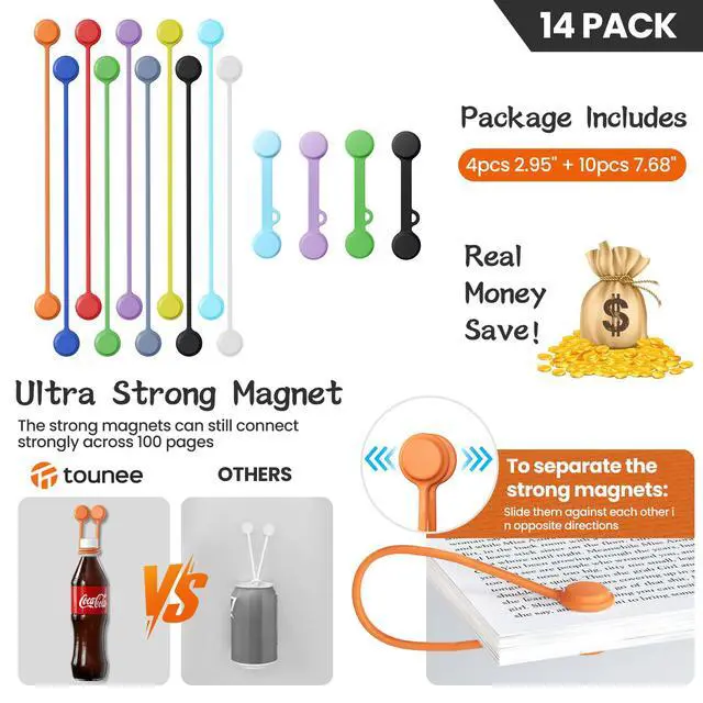 Alt view image 5 of 7 - Reusable Silicone Magnetic Cable Ties - 2 Sizes Combo (4pcs 2.95'' + 10pcs 7.68'') - Multi-Purpose for Cable Bundling, Organizing, Bookmarks & Fridge Magnets - Assorted Colors, 14-Pack