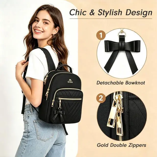 Alt view image 5 of 7 - Mini Backpack for Women, Stylish Daypack Purse, 2pcs Sets, Black | Waterproof Lightweight Small Bookbag, Casual Daily Shoulder Bag Mochilas Para Mujer, Lady Girls Gifts for Work Travel School