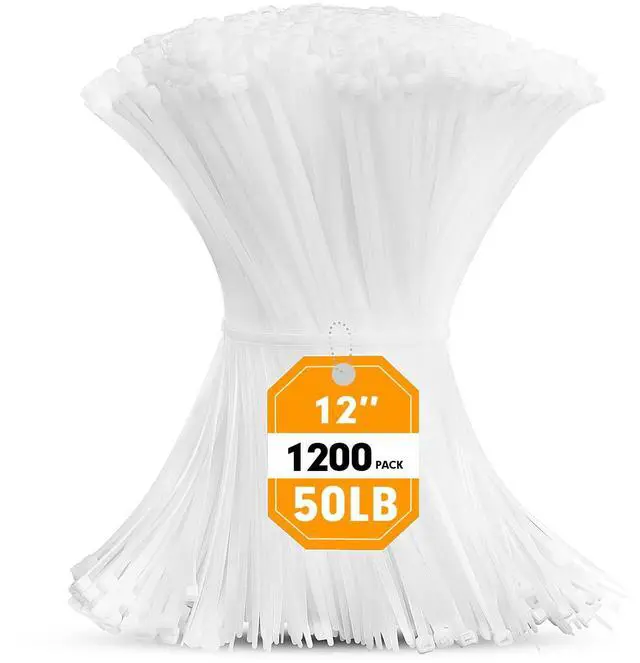 Main image of Zip Ties, 1200pcs Cable Zip Ties 12 Inch, Heavy Duty White Plastic Wire Ties with 50lb Tensile Strength, Self-Locking Nylon Cable Ties, Wire Management for Indoor and Outdoor