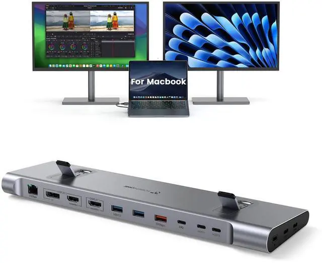 Main image of 16-in-2 MacBook Docking Station Stand, 100W GaN, Dual 4K@60Hz | 2 HDMI, DisplayPort, 2.5Gbps Ethernet, 5 USB Ports,100W Charger, for Professionals and Remote Workers, MacBook Compatibility