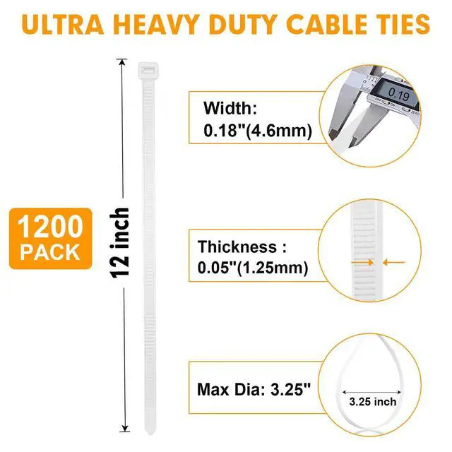 Alt view image 2 of 7 - Zip Ties, 1200pcs Cable Zip Ties 12 Inch, Heavy Duty White Plastic Wire Ties with 50lb Tensile Strength, Self-Locking Nylon Cable Ties, Wire Management for Indoor and Outdoor