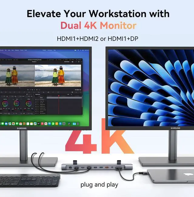 Alt view image 3 of 7 - 16-in-2 MacBook Docking Station Stand, 100W GaN, Dual 4K@60Hz | 2 HDMI, DisplayPort, 2.5Gbps Ethernet, 5 USB Ports,100W Charger, for Professionals and Remote Workers, MacBook Compatibility