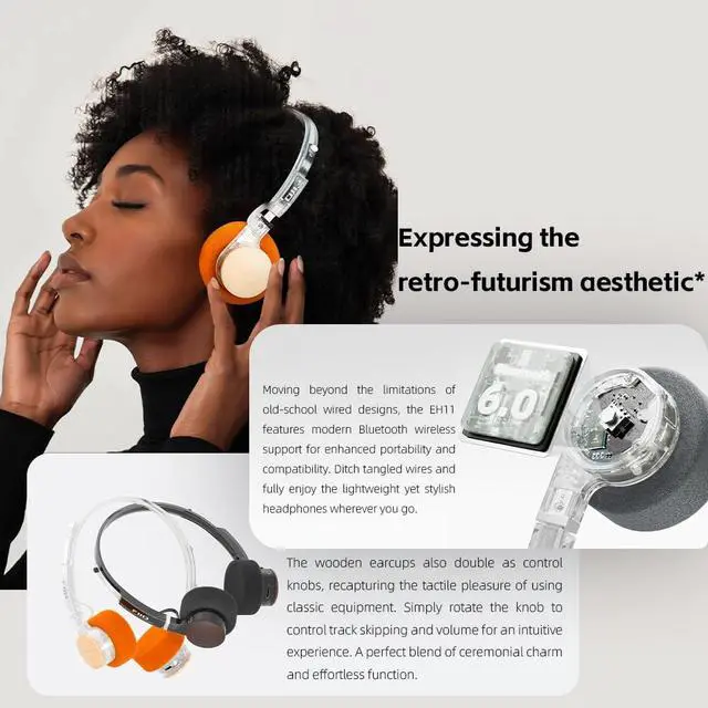 Alt view image 3 of 7 - EH11 Retro On-Ear Bluetooth Headphones, LDAC Hi-Res Wireless, Lightweight 92g, 30H Playtime, Dual Device Connection, App EQ & Gaming Mode, Built-in Mic, Transparent Black