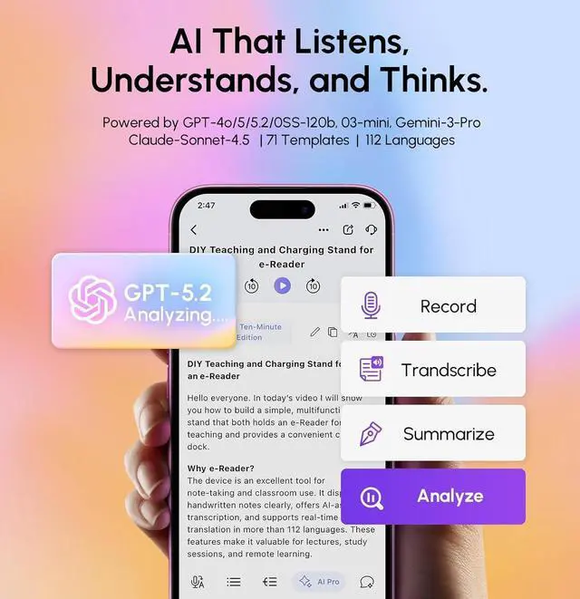 Alt view image 2 of 7 - AI Voice Recorder & Transcriber with GPT-5.2 Analysis 30-Hour Recording, 112-Language Speech-to-Text & Auto Summary for Meetings, Lectures & Interviews, Cyber Gray