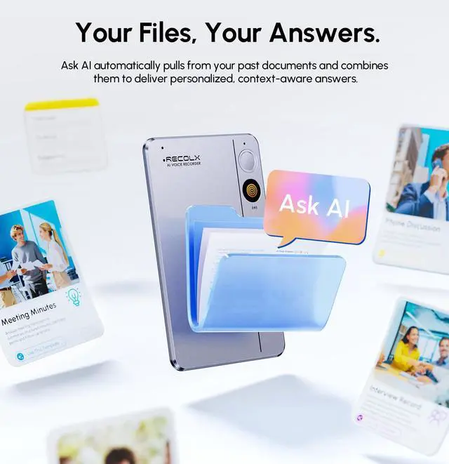 Alt view image 3 of 7 - AI Voice Recorder & Transcriber with GPT-5.2 Analysis 30-Hour Recording, 112-Language Speech-to-Text & Auto Summary for Meetings, Lectures & Interviews, Cyber Gray