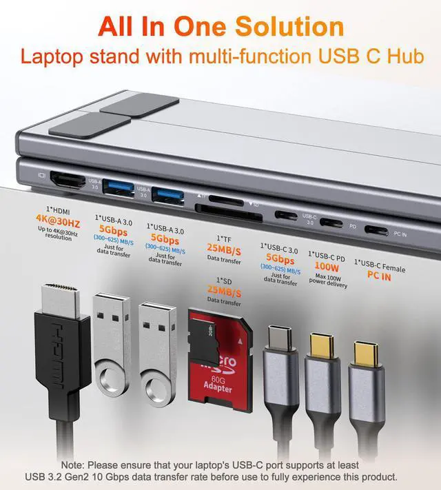 Alt view image 2 of 7 - USB C Laptop Docking Station Stand, 8 in 1 Hub 4K HDMI, Dock Stand | Laptop Dock Stand with 4K@60Hz, 2*USB A 3.0, PD 100W, USB-C Data, SD&TF, Dock Station Compatible with Acer/Dell XPS/HP/Mac