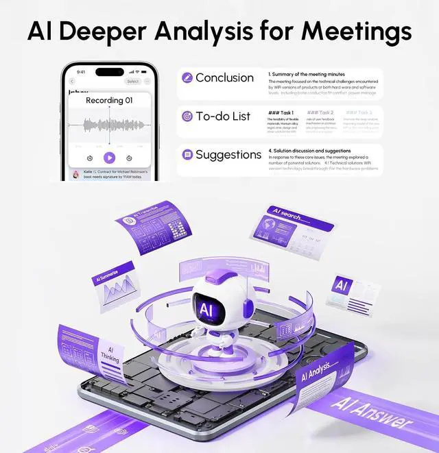 Alt view image 6 of 7 - AI Voice Recorder & Transcriber with GPT-5.2 Analysis 30-Hour Recording, 112-Language Speech-to-Text & Auto Summary for Meetings, Lectures & Interviews, Cyber Gray
