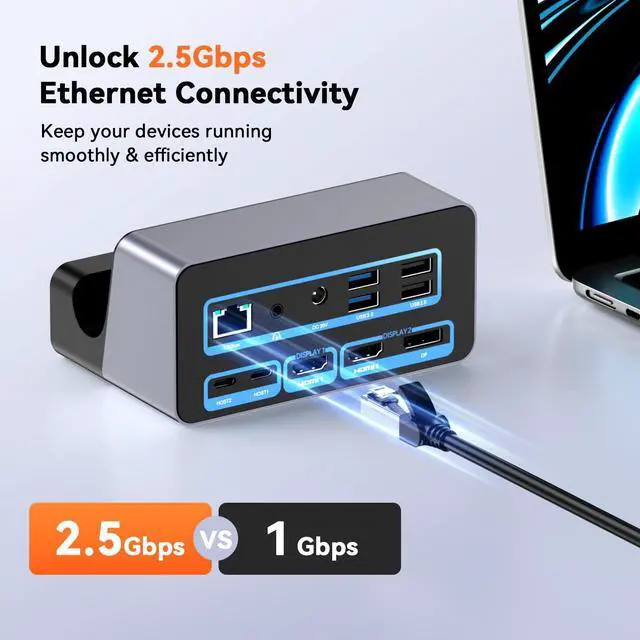 Alt view image 7 of 7 - 18-in-2 MacBook Docking Station Dual Monitor 4K@60Hz, 150W Adapter | Plug and Play, Vertical Dock Stand for MacBook Pro/Air, 2 HDMI and DP, 7 USB, 2.5GbE, 2 Audio, Space-Saving for Home Office