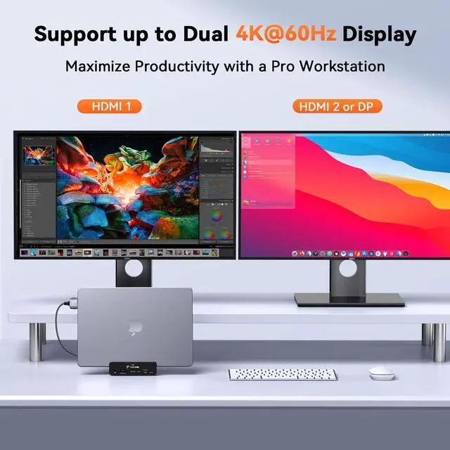 Alt view image 3 of 7 - 18-in-2 MacBook Docking Station Dual Monitor 4K@60Hz, 150W Adapter | Plug and Play, Vertical Dock Stand for MacBook Pro/Air, 2 HDMI and DP, 7 USB, 2.5GbE, 2 Audio, Space-Saving for Home Office