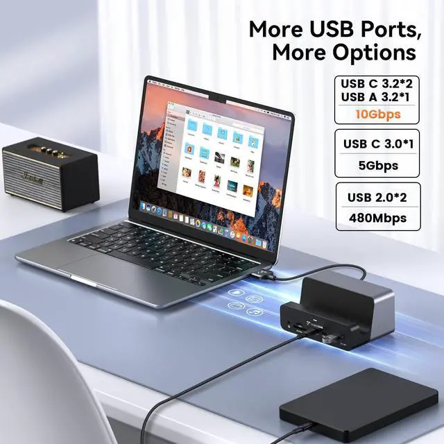Alt view image 6 of 7 - 18-in-2 MacBook Docking Station Dual Monitor 4K@60Hz, 150W Adapter | Plug and Play, Vertical Dock Stand for MacBook Pro/Air, 2 HDMI and DP, 7 USB, 2.5GbE, 2 Audio, Space-Saving for Home Office