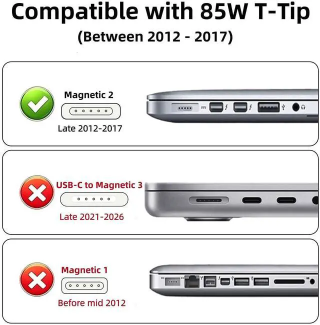 Alt view image 2 of 7 - Mac Book Pro Charger 85W Mag 2 T-Tip for 13/15-inch Late 2012-2017 | Mag-netic 2 Charger Power Adapter Compatible with Old Mac Book Pro/Air A1398,A1502,A1425,A1465,A1466 Not for 2018-2026 Models