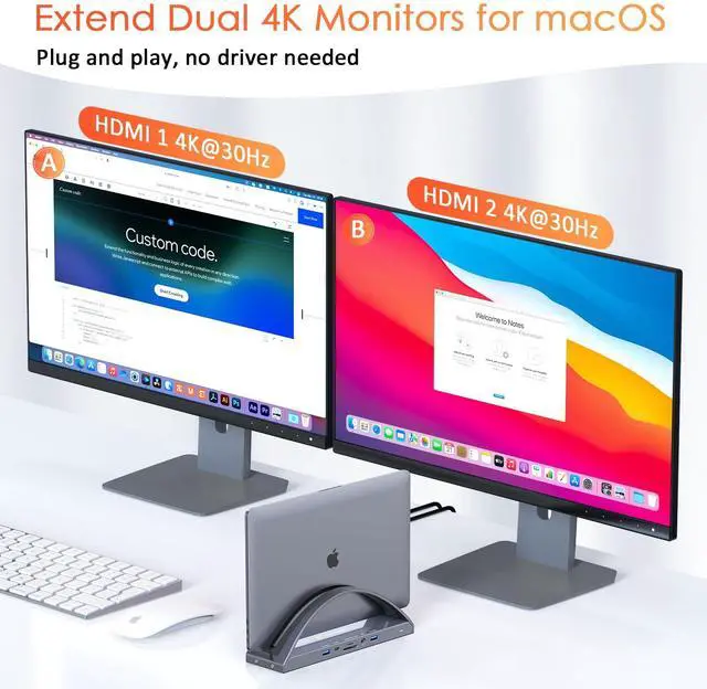 Alt view image 3 of 7 - MacBook Pro/Air Docking Station Stand, Dual 4K HDMI, 100W Charger | Vertical Cooling Stand for M1-M5 Pro/Max, 2 HDMI, VGA, 5 USB, RJ45, Audio, Tidy Desk Dock for Design, Creative, Remote Work