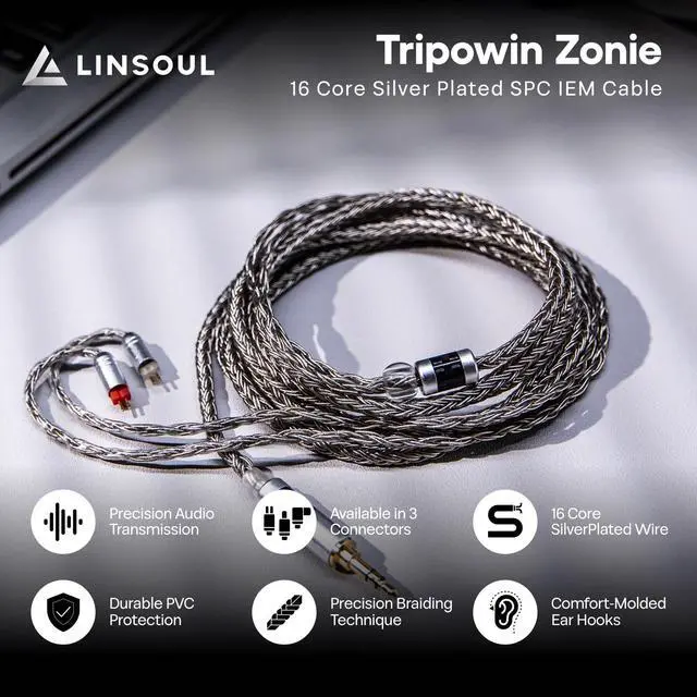Alt view image 2 of 7 - Tripowin Zonie IEM Cable, 2m Long Earbud Cord, 16 Core Silver Plated Earphone Cable, in Ear Monitor Wire for Audiophile Musician (2Pin)