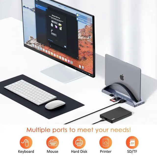 Alt view image 4 of 7 - MacBook Pro/Air Docking Station Stand, Dual 4K HDMI, 100W Charger | Vertical Cooling Stand for M1-M5 Pro/Max, 2 HDMI, VGA, 5 USB, RJ45, Audio, Tidy Desk Dock for Design, Creative, Remote Work