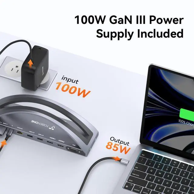 Alt view image 5 of 7 - MacBook Pro/Air Docking Station Stand, Dual 4K HDMI, 100W Charger | Vertical Cooling Stand for M1-M5 Pro/Max, 2 HDMI, VGA, 5 USB, RJ45, Audio, Tidy Desk Dock for Design, Creative, Remote Work