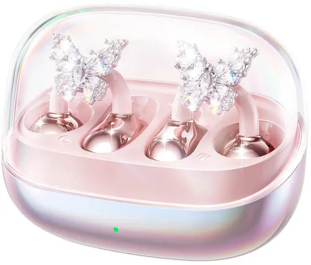 Main image of Gen2 Clip-On Open Ear Earbuds with Detachable Sparkle Butterfly Earrings, Bluetooth Wireless Headphones for Women, 50H Playtime, Comfortable Fit for Small Ears, Easy Storage Case,Transparent