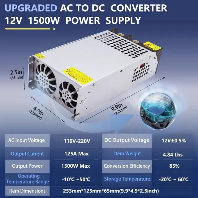 Alt view image 2 of 7 - 12V 125A 1500W Power Supply, 110V AC to 12V DC Converter Voltage Transformer for Motor Pump, CCTV, 3D Printer, Air Compressor, LED (12V-125A-1500W)