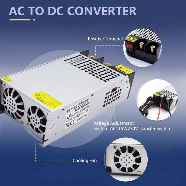 Alt view image 3 of 7 - 12V 125A 1500W Power Supply, 110V AC to 12V DC Converter Voltage Transformer for Motor Pump, CCTV, 3D Printer, Air Compressor, LED (12V-125A-1500W)