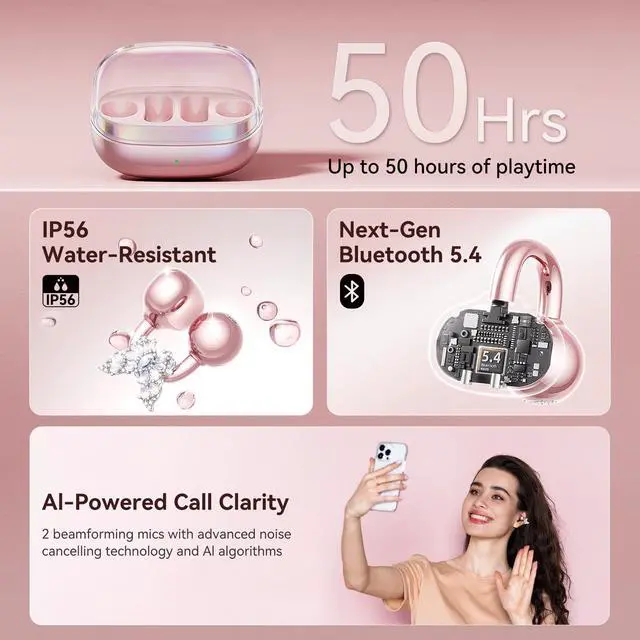 Alt view image 7 of 7 - Gen2 Clip-On Open Ear Earbuds with Detachable Sparkle Butterfly Earrings, Bluetooth Wireless Headphones for Women, 50H Playtime, Comfortable Fit for Small Ears, Easy Storage Case,Transparent