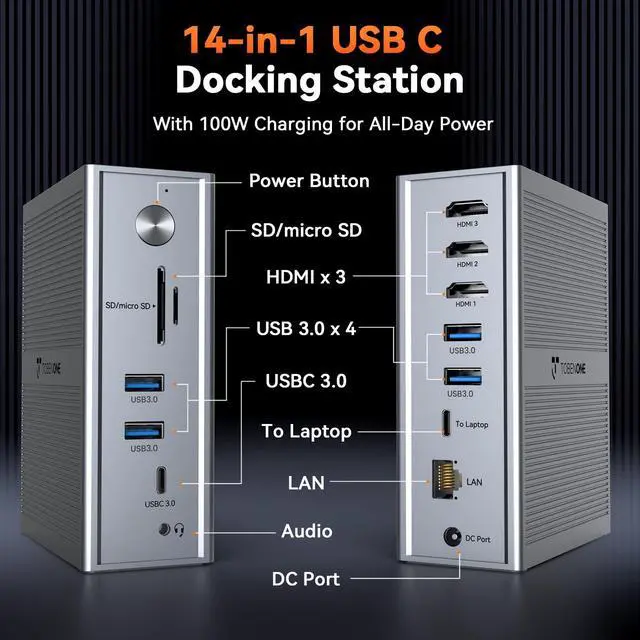 Alt view image 2 of 7 - USB C Laptop Docking Station 3 Monitors, Triple 4K DisplayLink | 120W Power Adapter, 3X HDMI, 5X USB, Gigabit Etherne, for MacBook M1-M5/Windows Owners,Professional Multitasking,Home Office
