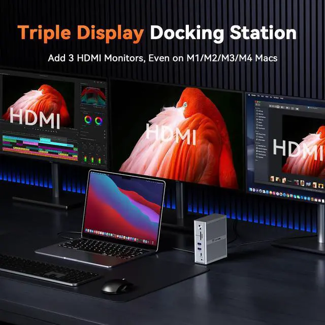 Alt view image 3 of 7 - USB C Laptop Docking Station 3 Monitors, Triple 4K DisplayLink | 120W Power Adapter, 3X HDMI, 5X USB, Gigabit Etherne, for MacBook M1-M5/Windows Owners,Professional Multitasking,Home Office