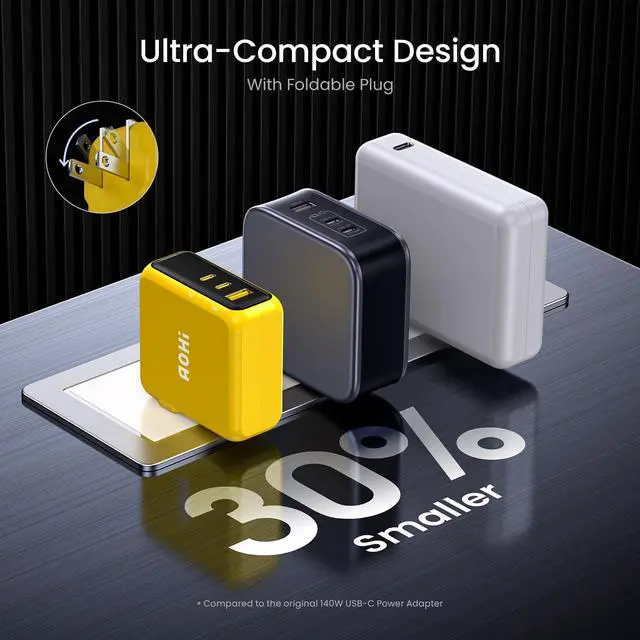 Alt view image 5 of 7 - Magcube 140W USB C Charger PD3.1 3-Port GaN+ Laptop Wall Charger 100W Fast Charging Power Adapter Foldable Plug for MacBook Pro 16'', Dell XPS, iPad Pro, Galaxy, iPhone 17 Pro, Chromebook, Yellow