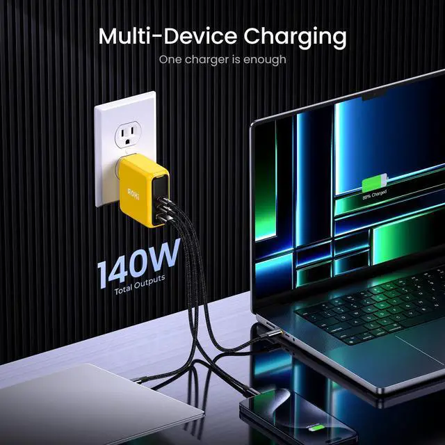 Alt view image 6 of 7 - Magcube 140W USB C Charger PD3.1 3-Port GaN+ Laptop Wall Charger 100W Fast Charging Power Adapter Foldable Plug for MacBook Pro 16'', Dell XPS, iPad Pro, Galaxy, iPhone 17 Pro, Chromebook, Yellow