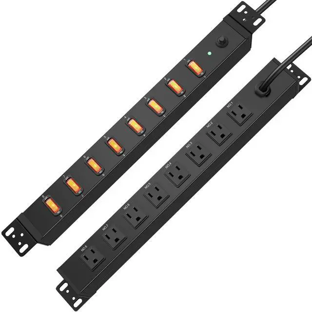 Main image of 8 Outlet PDU Power Strip, 1U Rack Surge Protection, 6FT, Black, 1 | Metal Mountable Outlet with Independent Switch, for Network Server Audio Equipment Racks, 1200J