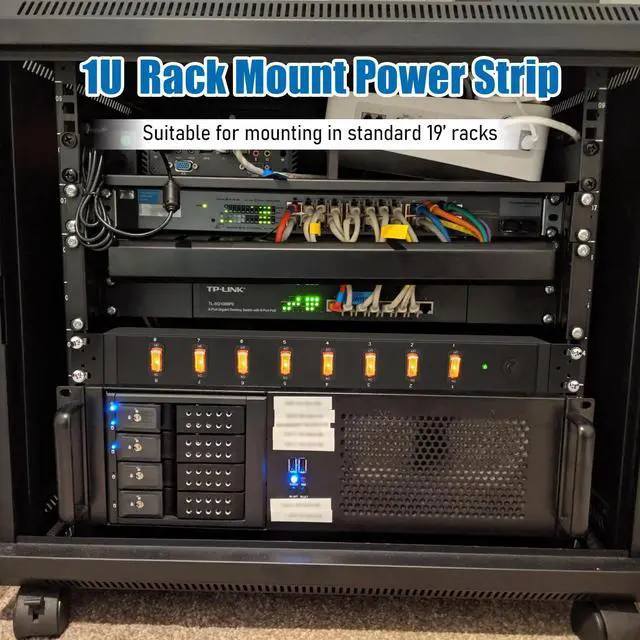 Alt view image 2 of 7 - 8 Outlet PDU Power Strip, 1U Rack Surge Protection, 6FT, Black, 1 | Metal Mountable Outlet with Independent Switch, for Network Server Audio Equipment Racks, 1200J