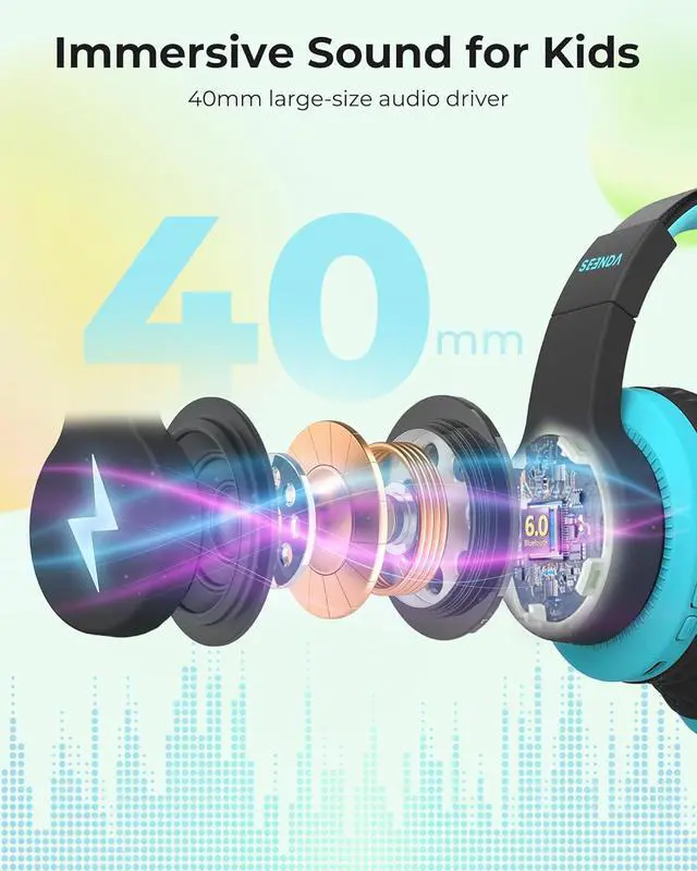 Alt view image 5 of 7 - JCH-01 Kids Bluetooth Headphones, 85/94dB, 3 Light Modes,Black&Blue | 75H playtime, soft padded fit, mic & AUX cord, stickers & doodle fun kids love; Wireess Headphones for school, travel, iPad