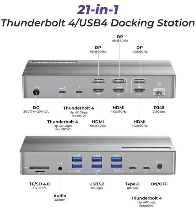 Alt view image 2 of 7 - Thunderbolt 4 MacBook Docking Station, DisplayLink21-in-1 USB-C Dock, 150W | Single 8K or Dual 4K@60Hz, 40Gbps Thunderbolt 4, USB-C/A Ports, 150W Charging, MacBook/Windows Compatible