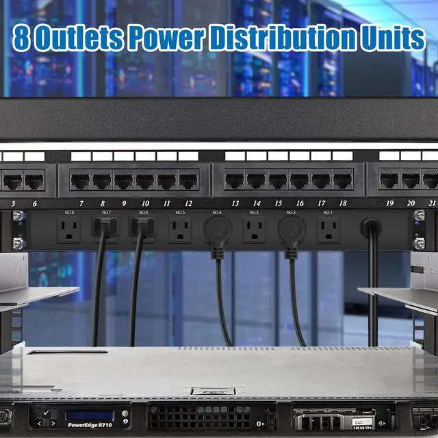 Alt view image 3 of 7 - 8 Outlet PDU Power Strip, 1U Rack Surge Protection, 6FT, Black, 1 | Metal Mountable Outlet with Independent Switch, for Network Server Audio Equipment Racks, 1200J