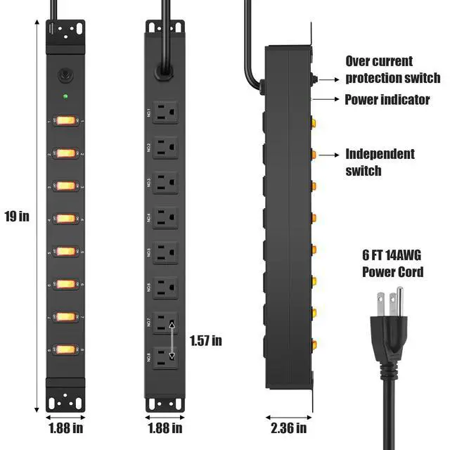 Alt view image 5 of 7 - 8 Outlet PDU Power Strip, 1U Rack Surge Protection, 6FT, Black, 1 | Metal Mountable Outlet with Independent Switch, for Network Server Audio Equipment Racks, 1200J