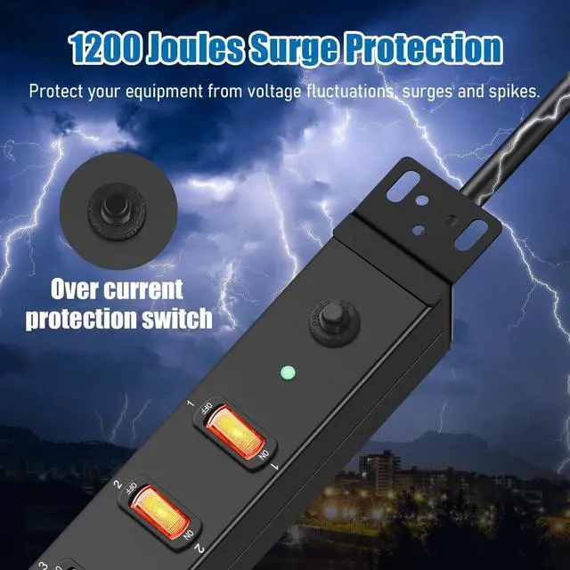 Alt view image 7 of 7 - 8 Outlet PDU Power Strip, 1U Rack Surge Protection, 6FT, Black, 1 | Metal Mountable Outlet with Independent Switch, for Network Server Audio Equipment Racks, 1200J