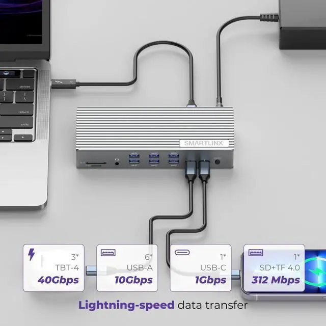 Alt view image 6 of 7 - Thunderbolt 4 MacBook Docking Station, DisplayLink21-in-1 USB-C Dock, 150W | Single 8K or Dual 4K@60Hz, 40Gbps Thunderbolt 4, USB-C/A Ports, 150W Charging, MacBook/Windows Compatible