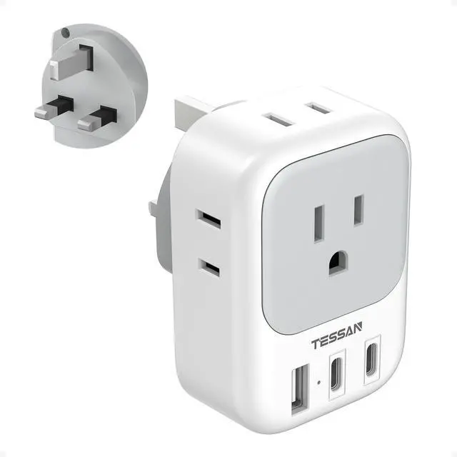 Main image of US to UK Type G Travel Adapter | 4 Electrical Outlets, 3 USB Ports (2 USB C), Ireland England London Scotland Dubai Singapore Qatar Kenya British Compatible