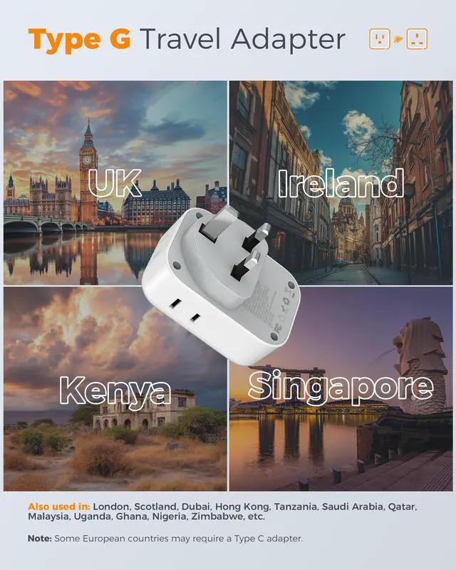 Alt view image 2 of 7 - US to UK Type G Travel Adapter | 4 Electrical Outlets, 3 USB Ports (2 USB C), Ireland England London Scotland Dubai Singapore Qatar Kenya British Compatible