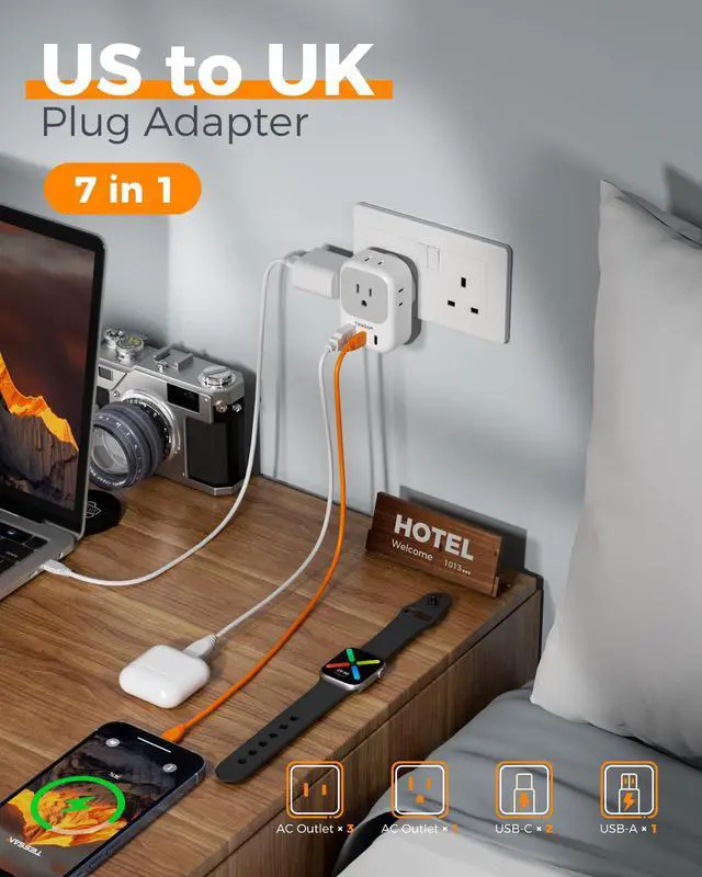 Alt view image 3 of 7 - US to UK Type G Travel Adapter | 4 Electrical Outlets, 3 USB Ports (2 USB C), Ireland England London Scotland Dubai Singapore Qatar Kenya British Compatible