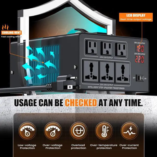 Alt view image 4 of 7 - 3000W Voltage Converter Transformer Step Up 110V/120V to220V/240V or Step Down 220V to 110V AC Power Converte, Circuit Breaker Protection, 3 US sockets, 3 Universal sockets, LCD Display