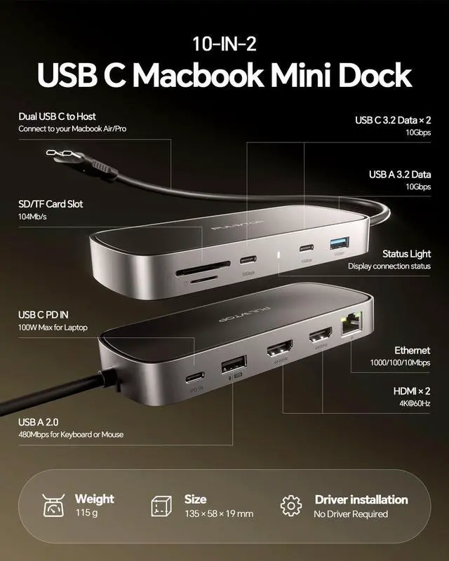 Alt view image 3 of 7 - MacBook Pro Docking Station Dual Monitor 4K@60Hz for M5/M4/M3 Pro & Max | Mac Docking Station Dual Monitor, Macbook Pro Dock Hub with 2 HDMI, Ethernet, USB 10Gbps for Mac Multi-Screen Users