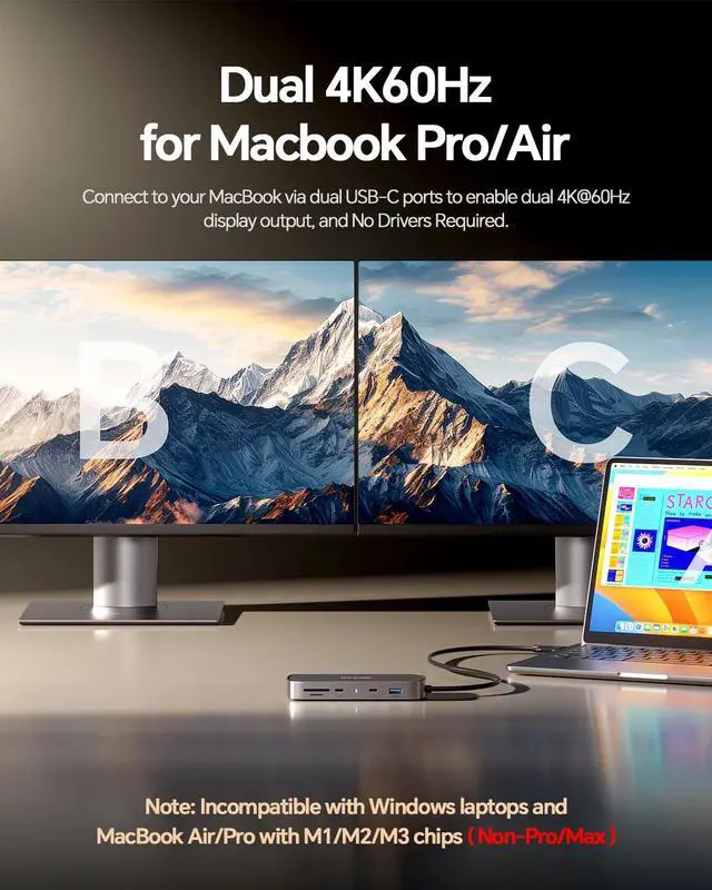 Alt view image 4 of 7 - MacBook Pro Docking Station Dual Monitor 4K@60Hz for M5/M4/M3 Pro & Max | Mac Docking Station Dual Monitor, Macbook Pro Dock Hub with 2 HDMI, Ethernet, USB 10Gbps for Mac Multi-Screen Users