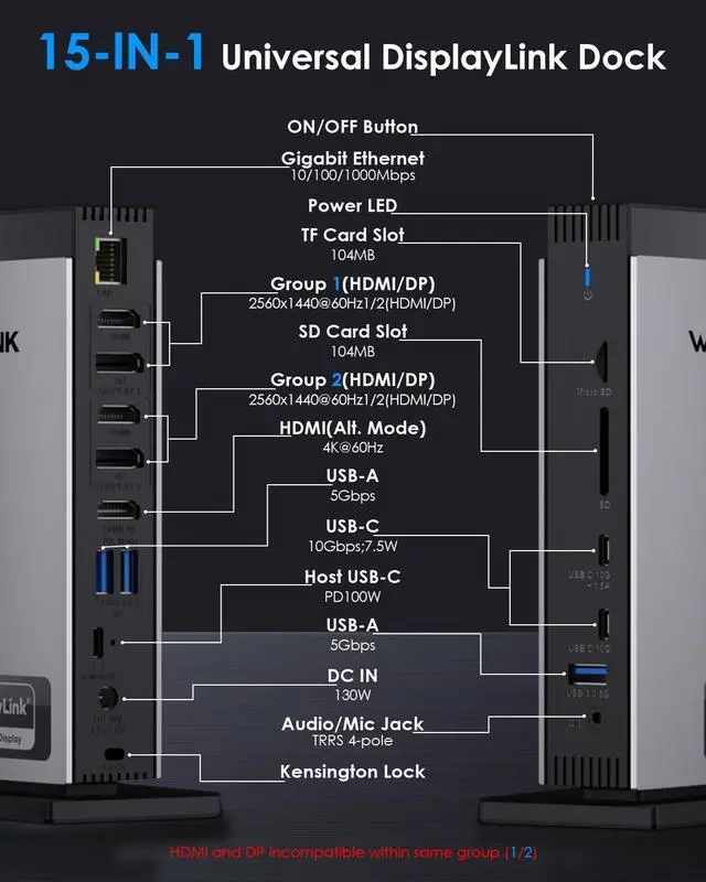 Alt view image 5 of 6 - DisplayLink Docking Station 3 Monitors with 130WPD Power Adapter, USB C Laptop Dock for M1/M2/M3/M4/Mac and Windows, Thunderbolt 4/3