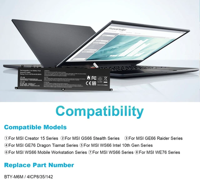 Alt view image 6 of 7 - BTY-M6M 99.99Wh Laptop Battery Replacement for MSI GS66 Stealth 10SE 10SF 11UE 11UH GE66 Raider 10UG 11UG GE76 for Raider 11UE 11UG GE76 for Dragon Tiamat 11UH WS66 10TM 11UMT 11UKT for Creator 15