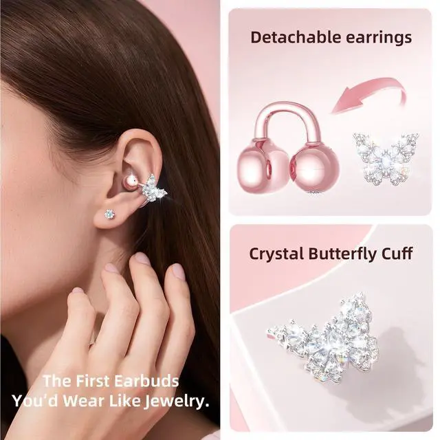 Alt view image 2 of 7 - Gen2 Clip-On Open Ear Earbuds with Detachable Sparkle Butterfly Earrings, Bluetooth Wireless Headphones for Women, 50H Playtime, Comfortable Fit for Small Ears, Easy Storage Case,Transparent
