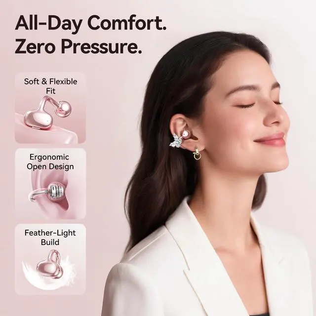 Alt view image 3 of 7 - Gen2 Clip-On Open Ear Earbuds with Detachable Sparkle Butterfly Earrings, Bluetooth Wireless Headphones for Women, 50H Playtime, Comfortable Fit for Small Ears, Easy Storage Case,Transparent