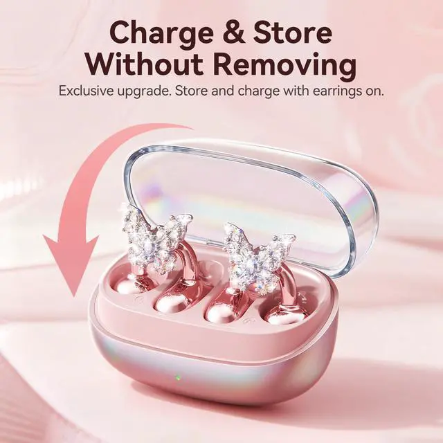 Alt view image 5 of 7 - Gen2 Clip-On Open Ear Earbuds with Detachable Sparkle Butterfly Earrings, Bluetooth Wireless Headphones for Women, 50H Playtime, Comfortable Fit for Small Ears, Easy Storage Case,Transparent