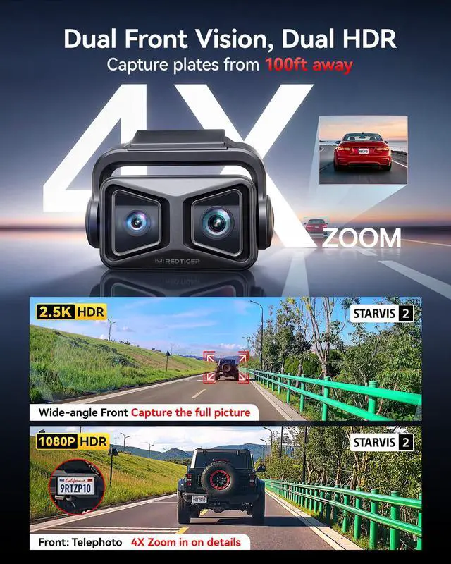 Alt view image 2 of 7 - ZP1 Telephoto+Wide Dash Cam, 4X Zoom, STARVIS 2, EIS Night Vision | 100ft Plate Recognition, Dashcam Front and Rear Camera with Dual HDR, 5.8GHz WiFi, Touch&Voice Control, Image Stabilization