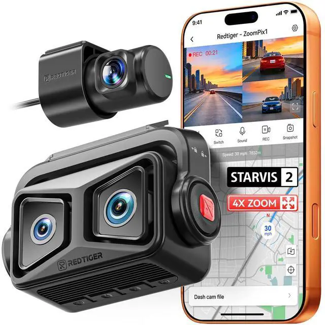 Main image of ZP1 Telephoto+Wide Dash Cam, 4X Zoom, STARVIS 2, EIS Night Vision | 100ft Plate Recognition, Dashcam Front and Rear Camera with Dual HDR, 5.8GHz WiFi, Touch&Voice Control, Image Stabilization